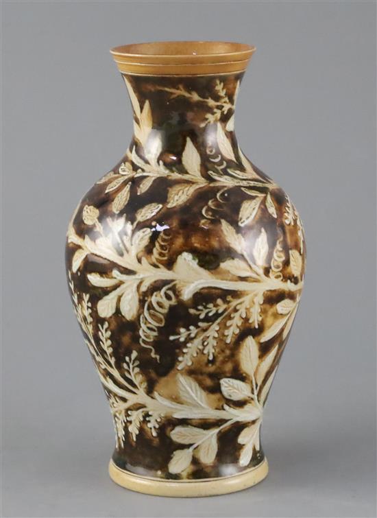 Frank A Butler and Eliza Simmance (?) for Doulton Lambeth, a seaweed design baluster vase, dated 1874 18cm
